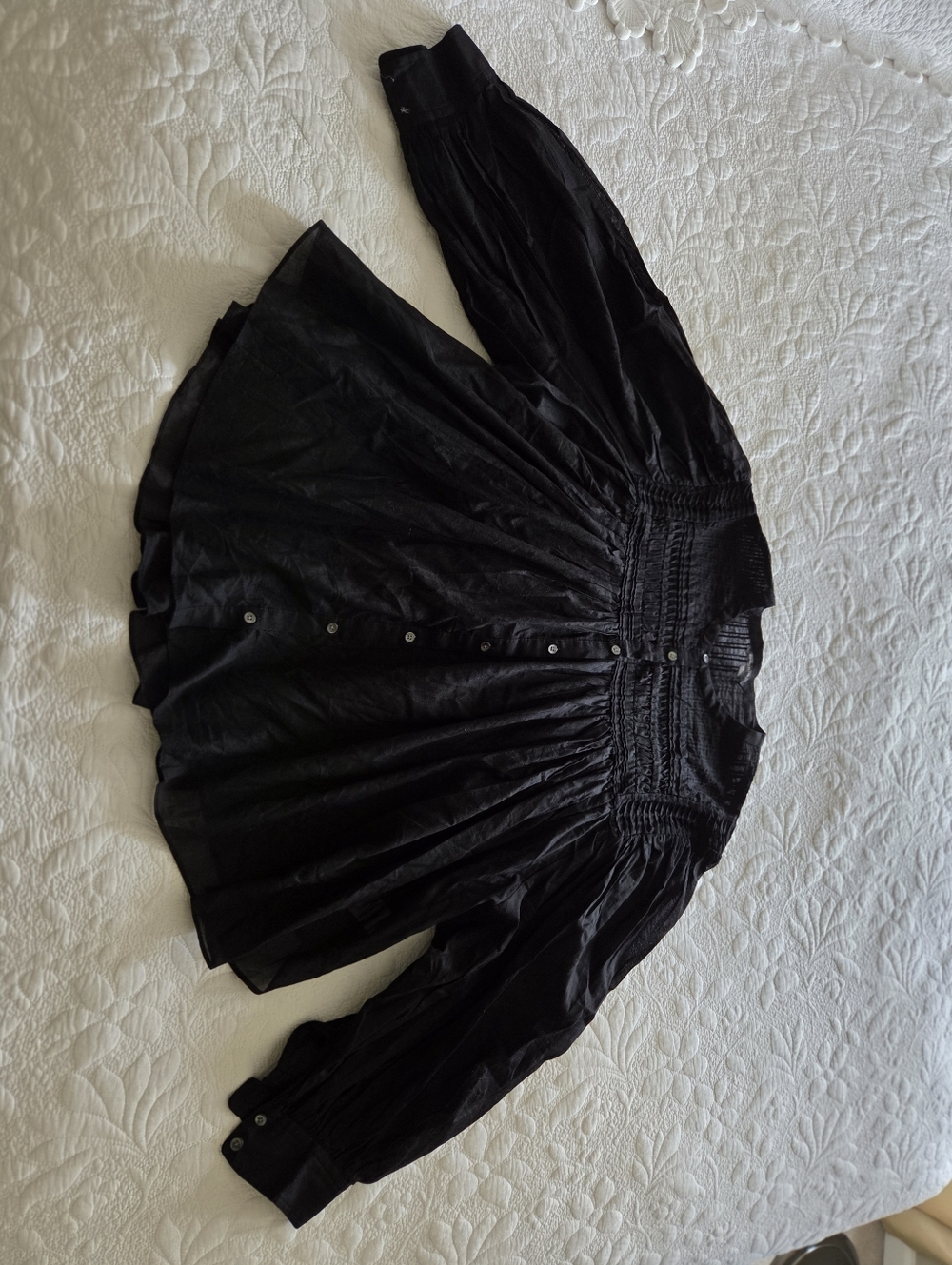 Banana Republic Sheer Black Button-Front Smocked Pleated Swing Blouse